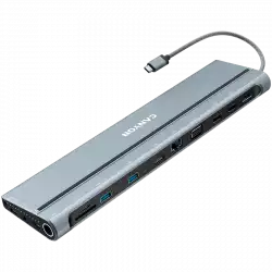 CANYON DS-90, 14 in 1 hub, with Type C female *2,Type C male *1:max 10Gbps,USBA*3:max 10Gbps,DP*1，VGA*1,SD card slot*1,TF card slot*1,Audio 3.5 audio*1,HDMI*2,RJ45*1,cable length 0.20m,Aluminum alloy housing,76*22.5*301mm,Dark grey