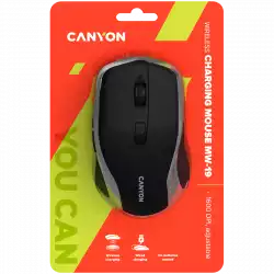 CANYON MW-19, 2.4GHz Wireless Rechargeable Mouse with Pixart sensor, 6keys, Silent switch for right/left keys,Add NTCDPI: 800/1200/1600, Max. usage 50 hours for one time full charged, 300mAh Li-poly battery, Black -Silver, cable length 0.6m, 121*70*39mm, 0.