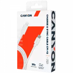 CANYON СFI-12, cable Type C to lightning ,5V3A, 9V2.22A ,PD20W, power cord:18AWG*4C, Signal cord:28AWG*4C, data transfer speed:30M/s, OD4.5MM,2M, PVC, white, Rohs