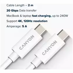 CANYON UC-42, cable, U4-CC-5A2M-E, USB4 TYPE-C to TYPE-C cable assembly 20G 2m 5A 240W(ERP) with E-MARK, CE, ROHS, white