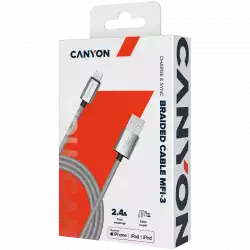 CANYON Charge & Sync MFI braided cable with metalic shell, USB to lightning, certified by Apple, 1m, 0.28mm, Dark gray