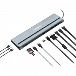CANYON DS-90, 14 in 1 hub, with Type C female *2,Type C male *1:max 10Gbps,USBA*3:max 10Gbps,DP*1，VGA*1,SD card slot*1,TF card slot*1,Audio 3.5 audio*1,HDMI*2,RJ45*1,cable length 0.20m,Aluminum alloy housing,76*22.5*301mm,Dark grey