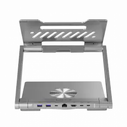 Canyon Laptop stands with hub, TYPE C F to HDMI2.0+2USB3.0+USBC3.0+RJ45+PD, TYEP C TO C cable 1m white with Emarker: HUSB332A, Material: Aluminum case+ABS+PS, Size: 245x240x27.2+/-0.3mm, Weight:1304g