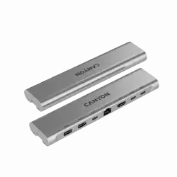 Canyon Laptop stands with hub, TYPE C F to HDMI2.0+2USB3.0+USBC3.0+RJ45+PD, TYEP C TO C cable 1m white with Emarker: HUSB332A, Material: Aluminum case+ABS+PS, Size: 245x240x27.2+/-0.3mm, Weight:1304g
