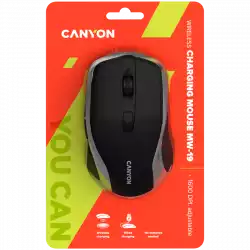 CANYON MW-19, 2.4GHz Wireless Rechargeable Mouse with Pixart sensor, 6keys, Silent switch for right/left keys,Add NTCDPI: 800/1200/1600, Max. usage 50 hours for one time full charged, 300mAh Li-poly battery, Black -Silver, cable length 0.6m, 121*70*39mm, 0.