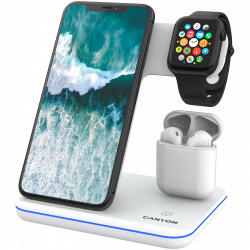 CANYON WS-302 3in1 Wireless charger, with touch button for Running water light, Input 9V/2A, 12V/2A, Output 15W/10W/7.5W/5W, Type c to USB-A cable length 1.2m, 137*103*140mm, 0.22Kg, White