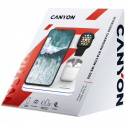 CANYON WS-302 3in1 Wireless charger, with touch button for Running water light, Input 9V/2A, 12V/2A, Output 15W/10W/7.5W/5W, Type c to USB-A cable length 1.2m, 137*103*140mm, 0.22Kg, White