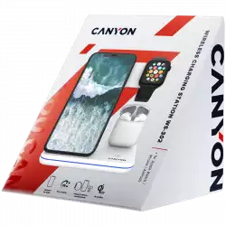 CANYON WS-302 3in1 Wireless charger, with touch button for Running water light, Input 9V/2A, 12V/2A, Output 15W/10W/7.5W/5W, Type c to USB-A cable length 1.2m, 137*103*140mm, 0.22Kg, White