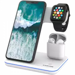 CANYON WS-302 3in1 Wireless charger, with touch button for Running water light, Input 9V/2A, 12V/2A, Output 15W/10W/7.5W/5W, Type c to USB-A cable length 1.2m, 137*103*140mm, 0.22Kg, White