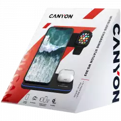 CANYON WS-303 3in1 Wireless charger, with touch button for Running water light, Input 9V/2A, 12V/2A, Output 15W/10W/7.5W/5W, Type c to USB-A cable length 1.2m, 137*103*140mm, 0.195Kg, Black