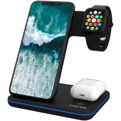 CANYON WS-303 3in1 Wireless charger, with touch button for Running water light, Input 9V/2A, 12V/2A, Output 15W/10W/7.5W/5W, Type c to USB-A cable length 1.2m, 137*103*140mm, 0.195Kg, Black