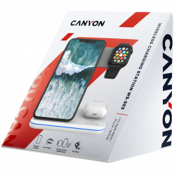 CANYON WS-303 3in1 Wireless charger, with touch button for Running water light, Input 9V/2A, 12V/2A, Output 15W/10W/7.5W/5W, Type c to USB-A cable length 1.2m, 137*103*140mm, 0.22Kg, White