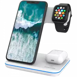 CANYON WS-303 3in1 Wireless charger, with touch button for Running water light, Input 9V/2A, 12V/2A, Output 15W/10W/7.5W/5W, Type c to USB-A cable length 1.2m, 137*103*140mm, 0.22Kg, White