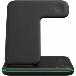 CANYON WS-303 3in1 Wireless charger, with touch button for Running water light, Input 9V/2A, 12V/2A, Output 15W/10W/7.5W/5W, Type c to USB-A cable length 1.2m, 137*103*140mm, 0.195Kg, Black