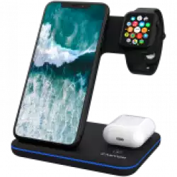 CANYON WS-303 3in1 Wireless charger, with touch button for Running water light, Input 9V/2A, 12V/2A, Output 15W/10W/7.5W/5W, Type c to USB-A cable length 1.2m, 137*103*140mm, 0.195Kg, Black