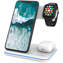 CANYON WS-303 3in1 Wireless charger, with touch button for Running water light, Input 9V/2A, 12V/2A, Output 15W/10W/7.5W/5W, Type c to USB-A cable length 1.2m, 137*103*140mm, 0.22Kg, White