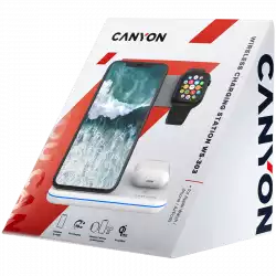 CANYON WS-303 3in1 Wireless charger, with touch button for Running water light, Input 9V/2A, 12V/2A, Output 15W/10W/7.5W/5W, Type c to USB-A cable length 1.2m, 137*103*140mm, 0.22Kg, White