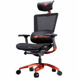 COUGAR Argo Orange, Premium Aluminum Frame, 5-star Aluminum Alloy base, Breathable PVC Leather, Trigger shift wire control system, Dynamic lumbar Support Design, Flexibly reclining backrest, Adjustable headrest, Sliding seat, 3D Adjustable Armrest