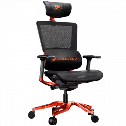 COUGAR Argo Orange, Premium Aluminum Frame, 5-star Aluminum Alloy base, Breathable PVC Leather, Trigger shift wire control system, Dynamic lumbar Support Design, Flexibly reclining backrest, Adjustable headrest, Sliding seat, 3D Adjustable Armrest