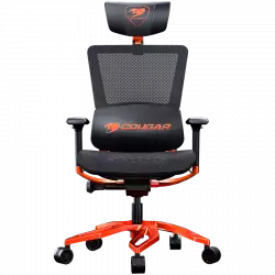 COUGAR Argo Orange, Premium Aluminum Frame, 5-star Aluminum Alloy base, Breathable PVC Leather, Trigger shift wire control system, Dynamic lumbar Support Design, Flexibly reclining backrest, Adjustable headrest, Sliding seat, 3D Adjustable Armrest