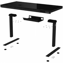 Dual-motor sit/stand adjustable-height gaming desk with wireless charger, RGB lighting, control panel, and USB ports, solid tempered glass tabletop, black.                          