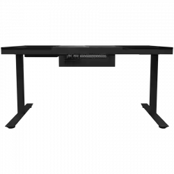 Dual-motor sit/stand adjustable-height gaming desk with built-in PC case, wireless charger, RGB lighting, control panel, and USB ports, tempered glass tabletop, black.