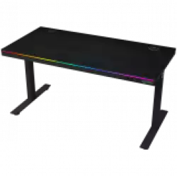 Dual-motor sit/stand adjustable-height gaming desk with wireless charger, RGB lighting, control panel, and USB ports, PB melamine surface tabletop, black.