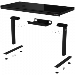 Dual-motor sit/stand adjustable-height gaming desk with wireless charger, RGB lighting, control panel, and USB ports, solid tempered glass tabletop, black.