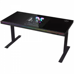 Dual-motor sit/stand adjustable-height gaming desk with built-in PC case, wireless charger, RGB lighting, control panel, and USB ports, tempered glass tabletop, black.