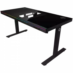Dual-motor sit/stand adjustable-height gaming desk with built-in PC case, wireless charger, RGB lighting, control panel, and USB ports, tempered glass tabletop, black.