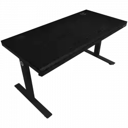 Dual-motor sit/stand adjustable-height gaming desk with wireless charger, RGB lighting, control panel, and USB ports, PB melamine surface tabletop, black.