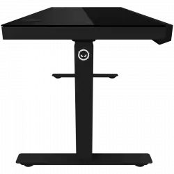 Dual-motor sit/stand adjustable-height gaming desk with wireless charger, RGB lighting, control panel, and USB ports, solid tempered glass tabletop, black.
