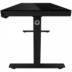 Dual-motor sit/stand adjustable-height gaming desk with wireless charger, RGB lighting, control panel, and USB ports, solid tempered glass tabletop, black.