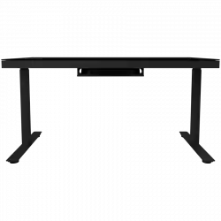 Dual-motor sit/stand adjustable-height gaming desk with wireless charger, RGB lighting, control panel, and USB ports, solid tempered glass tabletop, black.