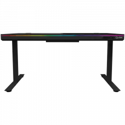 Dual-motor sit/stand adjustable-height gaming desk with wireless charger, RGB lighting, control panel, and USB ports, solid tempered glass tabletop, black.
