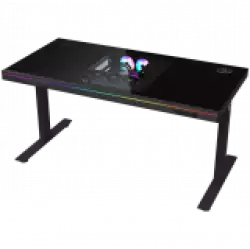 Dual-motor sit/stand adjustable-height gaming desk with built-in PC case, wireless charger, RGB lighting, control panel, and USB ports, tempered glass tabletop, black.