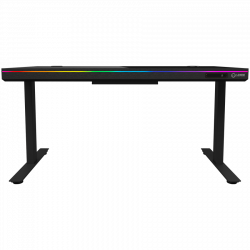 Dual-motor sit/stand adjustable-height gaming desk with wireless charger, RGB lighting, control panel, and USB ports, solid tempered glass tabletop, black.