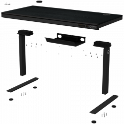 Dual-motor sit/stand adjustable-height gaming desk with wireless charger, RGB lighting, control panel, and USB ports, PB melamine surface tabletop, black.