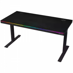 Dual-motor sit/stand adjustable-height gaming desk with wireless charger, RGB lighting, control panel, and USB ports, PB melamine surface tabletop, black.