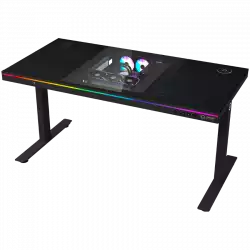 Dual-motor sit/stand adjustable-height gaming desk with built-in PC case, wireless charger, RGB lighting, control panel, and USB ports, PB melamine surface tabletop, black.