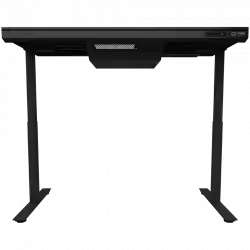 Dual-motor sit/stand adjustable-height gaming desk with built-in PC case, wireless charger, RGB lighting, control panel, and USB ports, tempered glass tabletop, black.