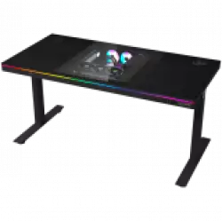 Dual-motor sit/stand adjustable-height gaming desk with built-in PC case, wireless charger, RGB lighting, control panel, and USB ports, PB melamine surface tabletop, black.
