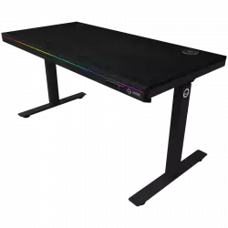 Dual-motor sit/stand adjustable-height gaming desk with wireless charger, RGB lighting, control panel, and USB ports, PB melamine surface tabletop, black.