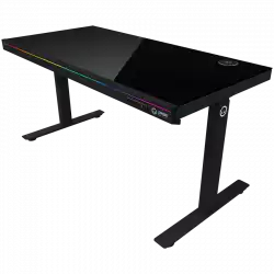 Dual-motor sit/stand adjustable-height gaming desk with wireless charger, RGB lighting, control panel, and USB ports, solid tempered glass tabletop, black.