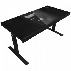 Dual-motor sit/stand adjustable-height gaming desk with built-in PC case, wireless charger, RGB lighting, control panel, and USB ports, PB melamine surface tabletop, black.