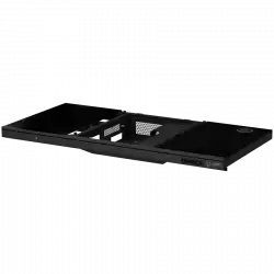 Dual-motor sit/stand adjustable-height gaming desk with built-in PC case, wireless charger, RGB lighting, control panel, and USB ports, tempered glass tabletop, black.