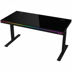 Dual-motor sit/stand adjustable-height gaming desk with wireless charger, RGB lighting, control panel, and USB ports, solid tempered glass tabletop, black.