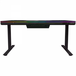 Dual-motor sit/stand adjustable-height gaming desk with built-in PC case, wireless charger, RGB lighting, control panel, and USB ports, tempered glass tabletop, black.