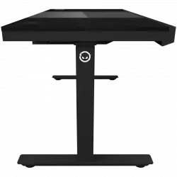 Dual-motor sit/stand adjustable-height gaming desk with built-in PC case, wireless charger, RGB lighting, control panel, and USB ports, PB melamine surface tabletop, black.                          
