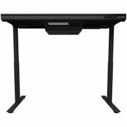 Dual-motor sit/stand adjustable-height gaming desk with built-in PC case, wireless charger, RGB lighting, control panel, and USB ports, tempered glass tabletop, black.